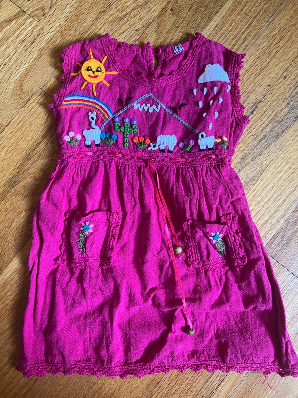Magenta Embroidered Cotton Dress with Rainbow Detail